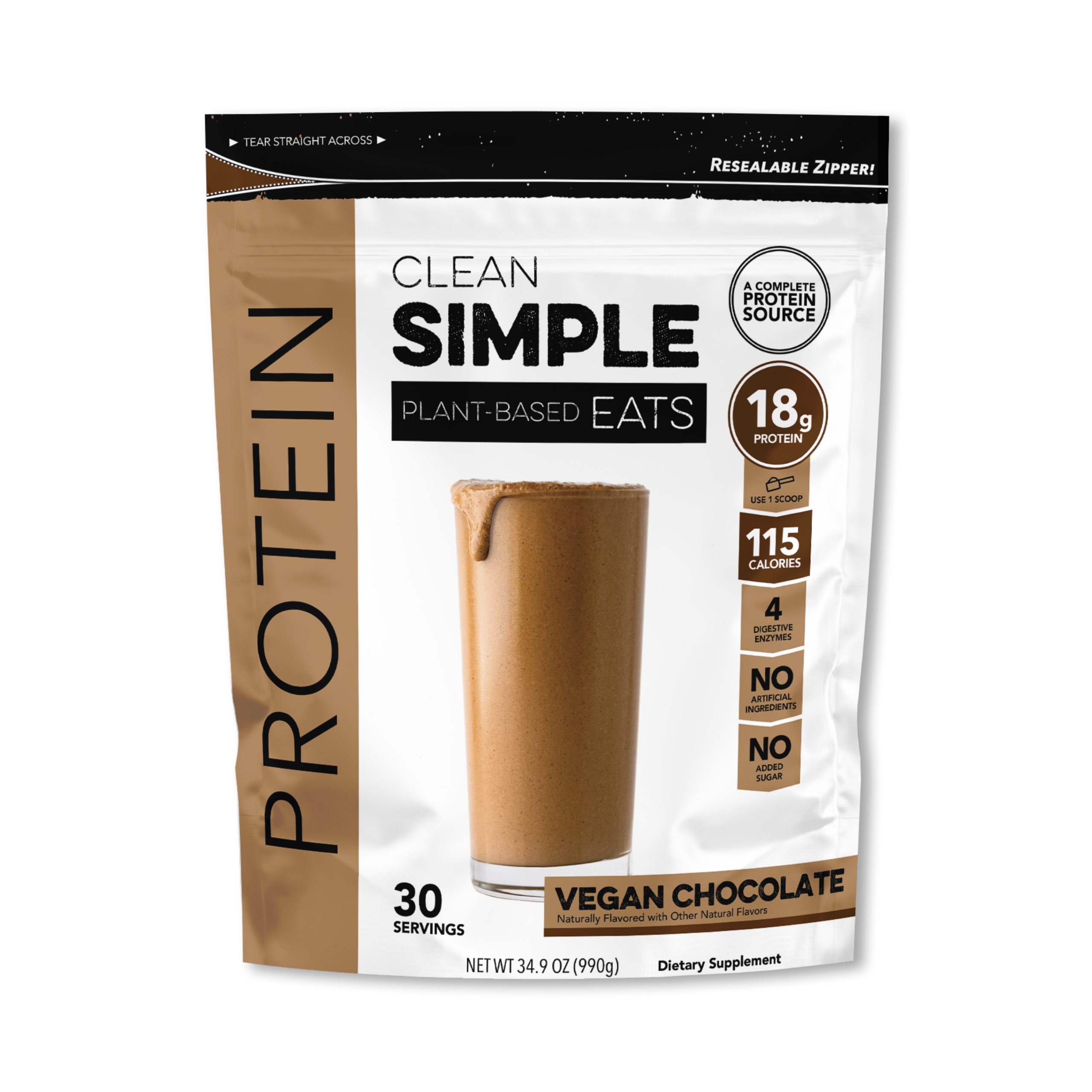 Clean Simple Eats Protein Powder: Vegan Chocolate (30 Serving Bag)