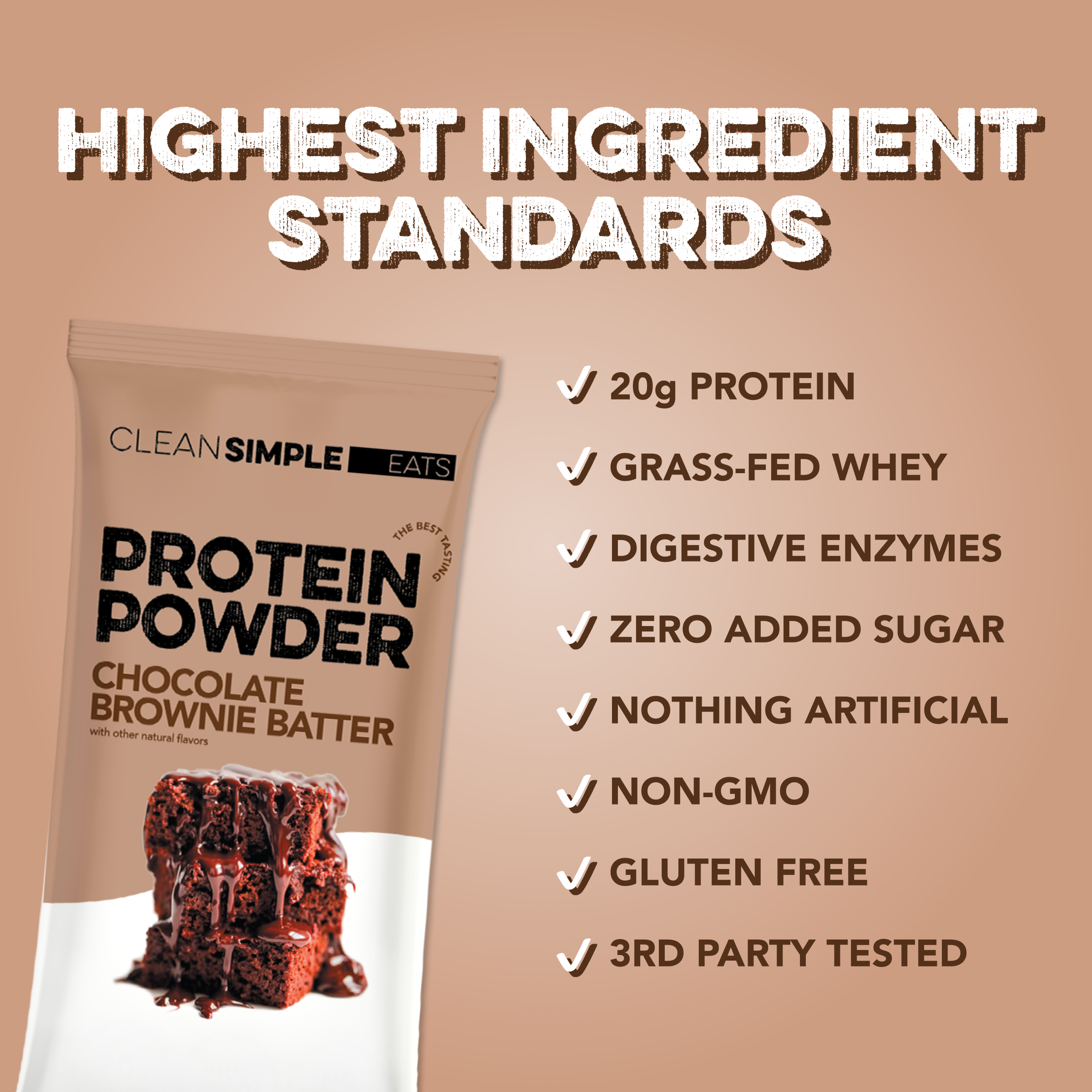 Clean Simple Eats Protein Powder: Chocolate Brownie Batter (Single Serving Stick Pack Sample) - Image 3