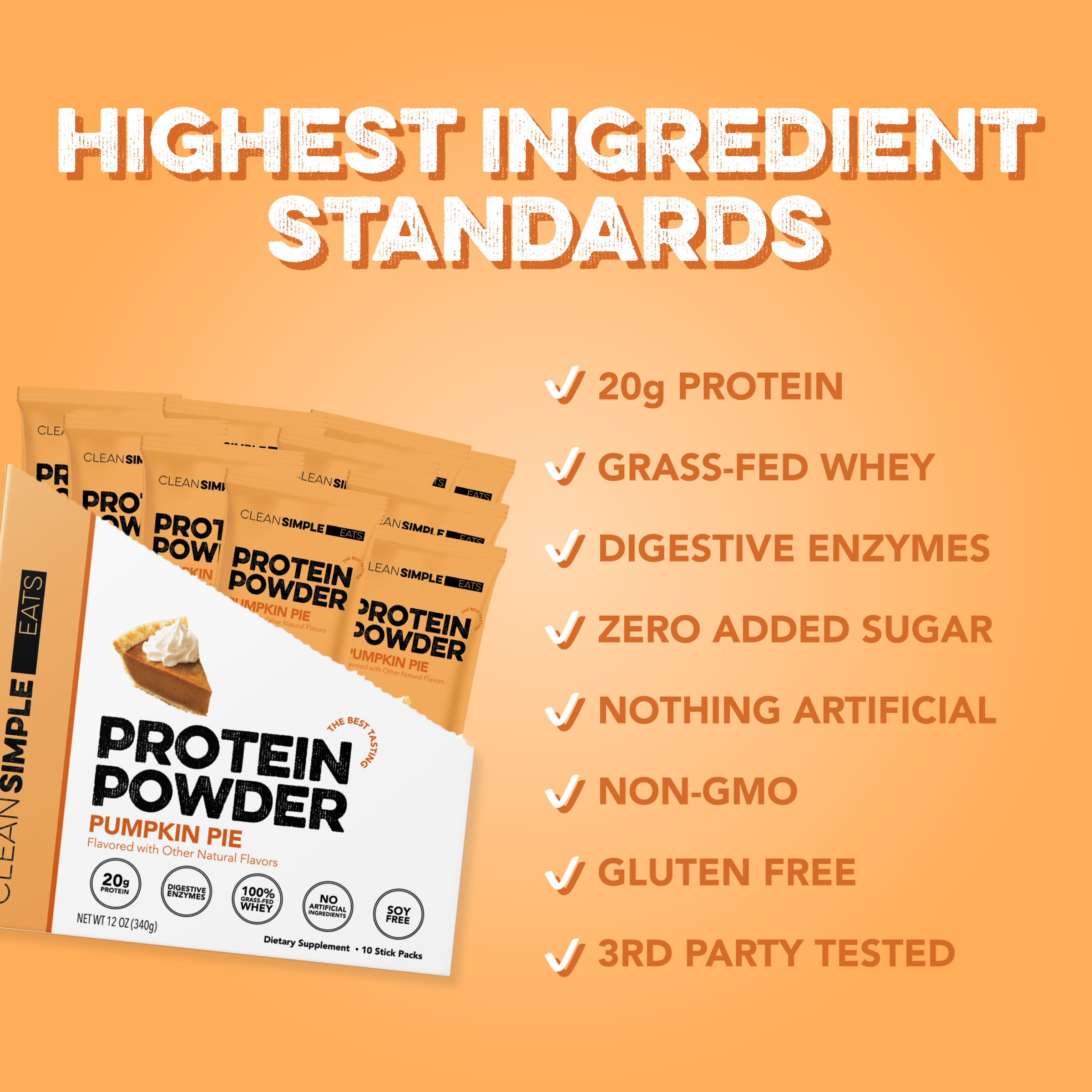 Clean Simple Eats Protein Powder: Pumpkin Pie (10 Single Serving Stick Packs) - Image 3